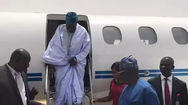 Governor Shettima Receives Obasanjo At Maiduguri International Airport